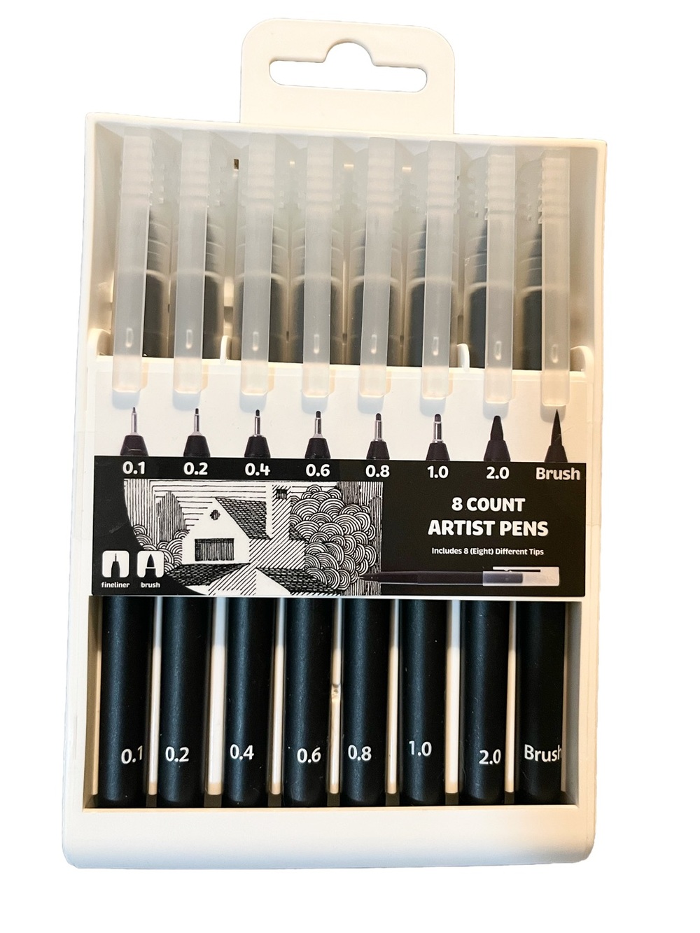 8 Count Artist Pens - Black & White Fine Liners and Brush